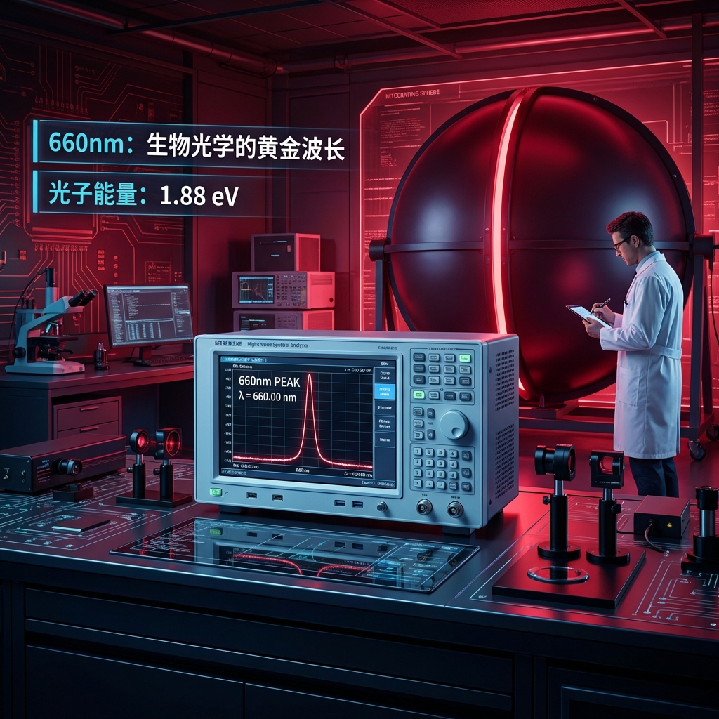 科技感实验室全景图，光谱分析仪显示660nm波峰，积分球发出深红色光芒，工程师正在记录数据。