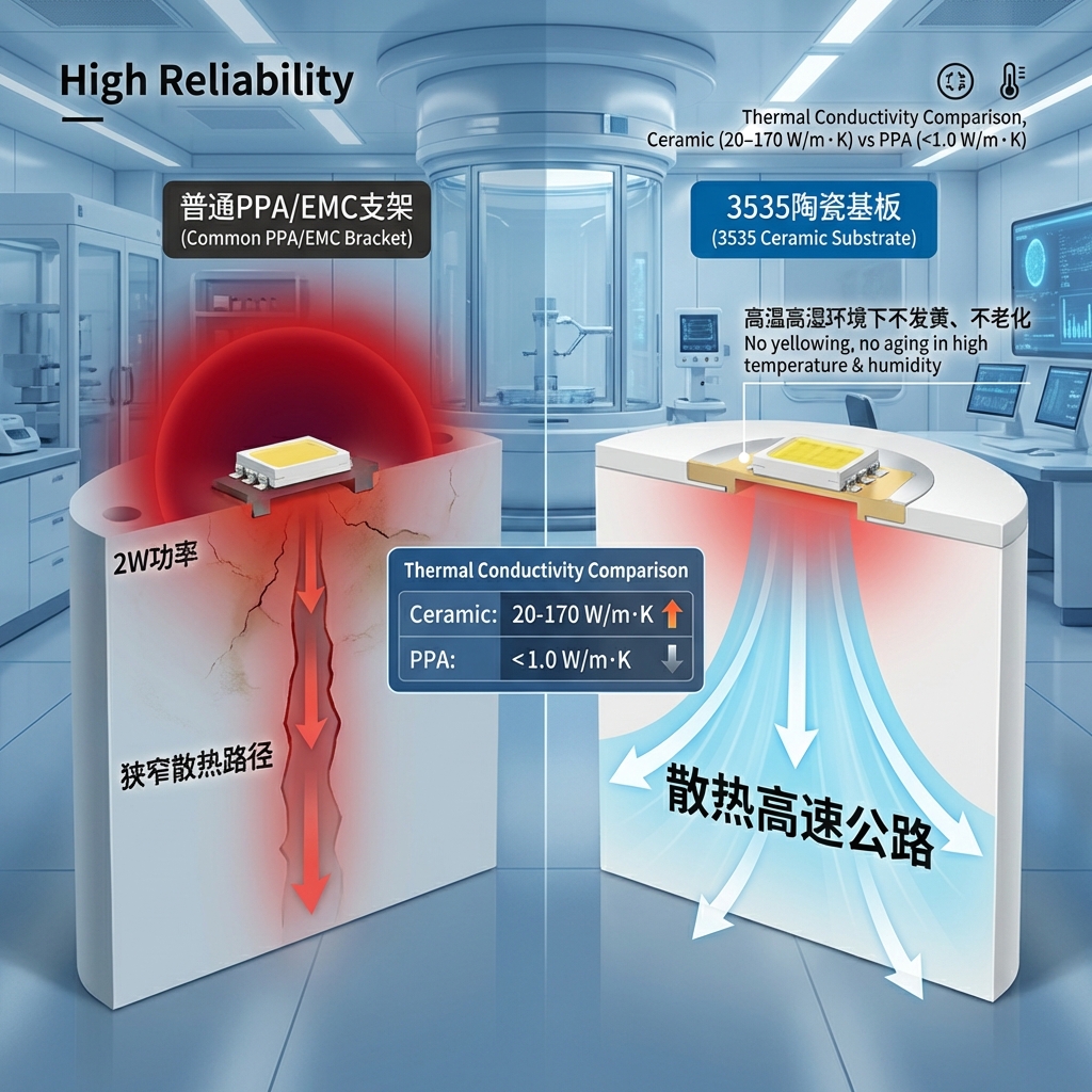 散热材料科学3D剖面对比图，左侧PPA支架热量堆积呈现深红色高温区，右侧陶瓷基板热量迅速向下扩散呈现浅蓝色冷却流向，对比陶瓷导热系数20-170 W/m·K vs PPA <1.0 W/m·K，强调陶瓷基板的散热优势。