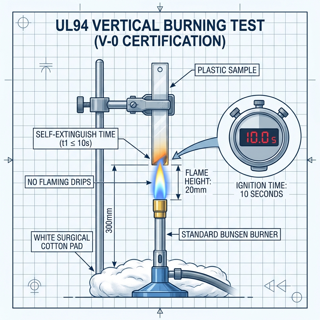 UL94 垂直燃烧测试（Vertical Burning Test）流程示意图，展示标准样品被本生灯火焰点燃10秒后，余焰需在10秒内自熄且无滴落物引燃脱脂棉。