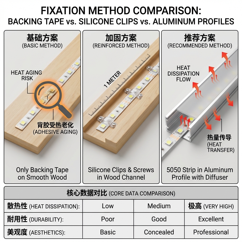 12V 5050灯带固定方案对比：仅背胶（低牢固度），背胶加卡扣（中等牢固度），铝合金灯槽（极高牢固度与散热性能）