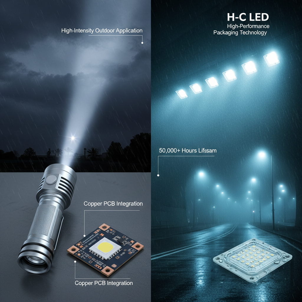 分屏实拍图展示3535陶瓷灯珠在户外与特殊照明中的应用。左侧为拆解的高性能强光手电筒，核心是安装在热电分离铜基板上的3535灯珠；右侧为雨雾环境中的城市隧道灯和路灯模组。画面强调防水、耐高温和长寿命的工业可靠性。