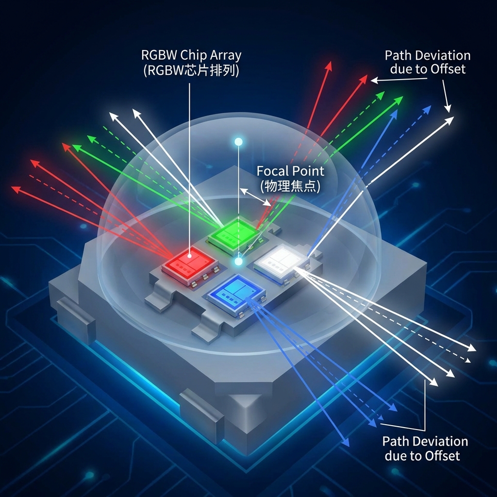 5050四合一灯珠内部芯片排列与透镜焦点关系示意图