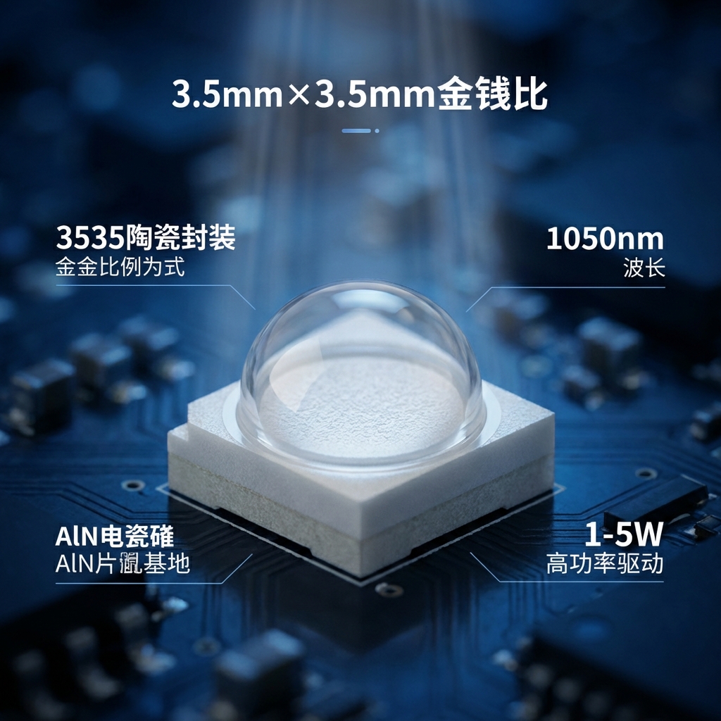 3535陶瓷红外1050NM灯珠核心技术图谱，展示其3535陶瓷封装、1050nm波长和1-5W高功率驱动特性