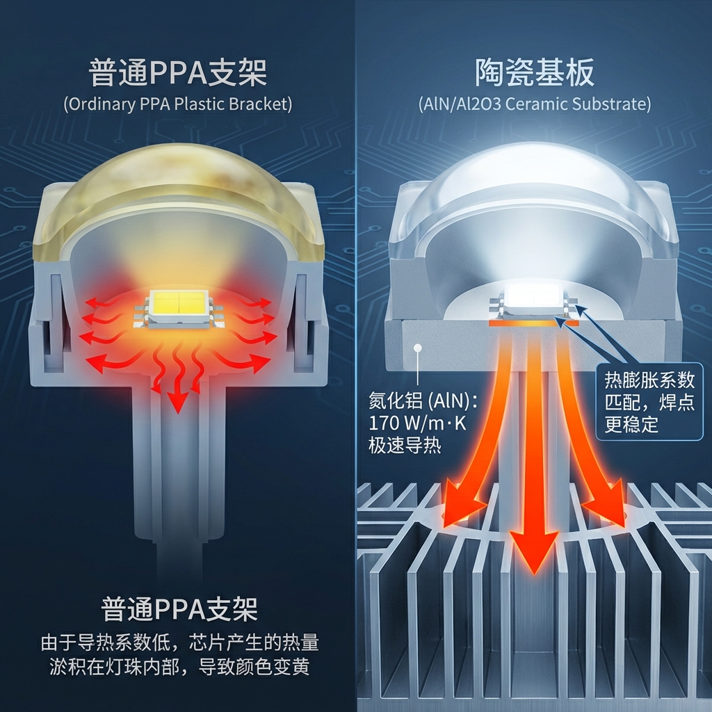 技术原理图：氮化铝(AlN)陶瓷基板与PPA塑料支架热管理对比，显示AlN极速导热170 W/m·K和热膨胀系数匹配带来的焊点稳定性