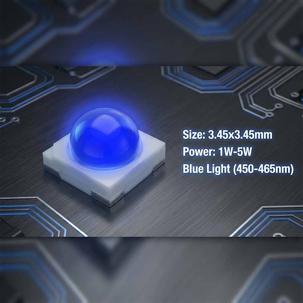 高科技风格的3535陶瓷蓝光LED灯珠产品渲染图，展示其精密尺寸、纯净蓝色光芒和关键参数，作为文章的开篇视觉，强调其大功率特征。