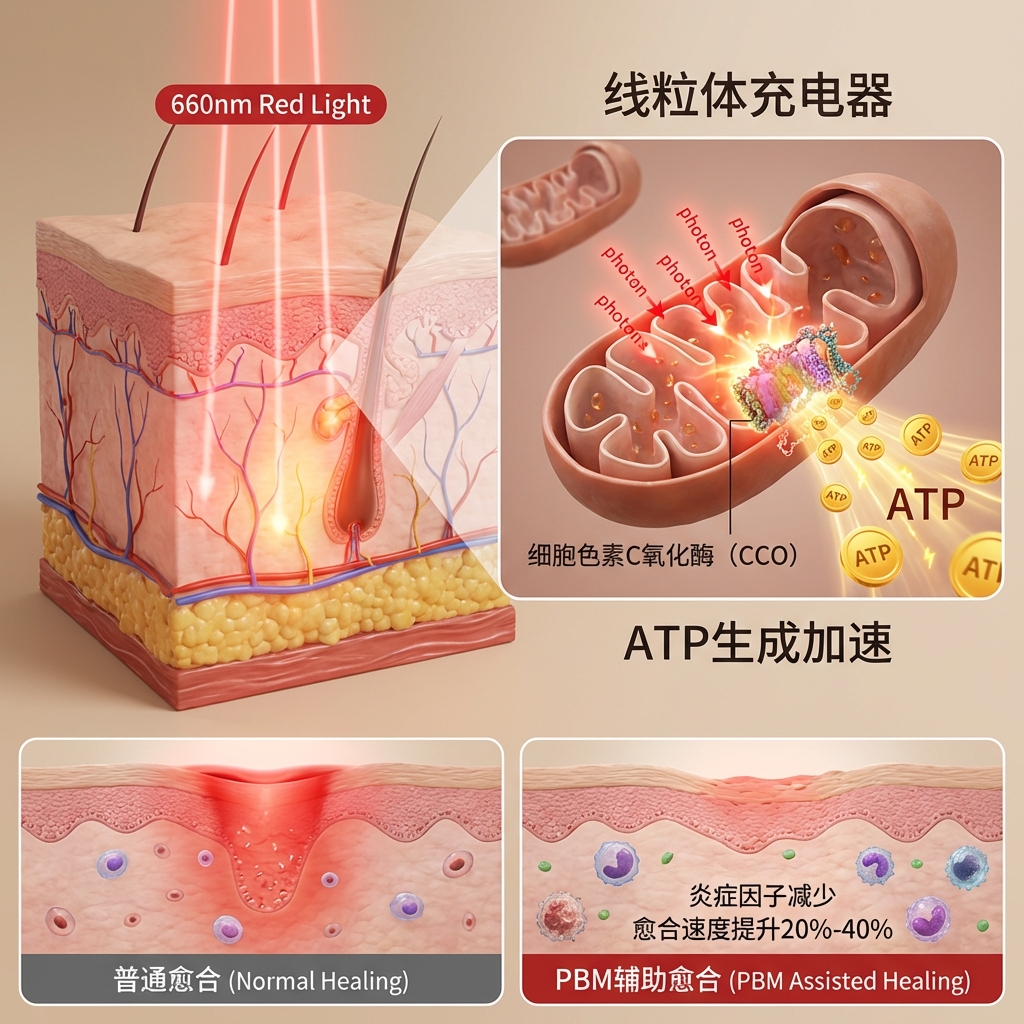 660nm光疗（PBM）生物医学原理3D插图，展示深红光穿透皮肤，线粒体中细胞色素C氧化酶吸收光子并产生ATP，加速伤口愈合，减少炎症因子。