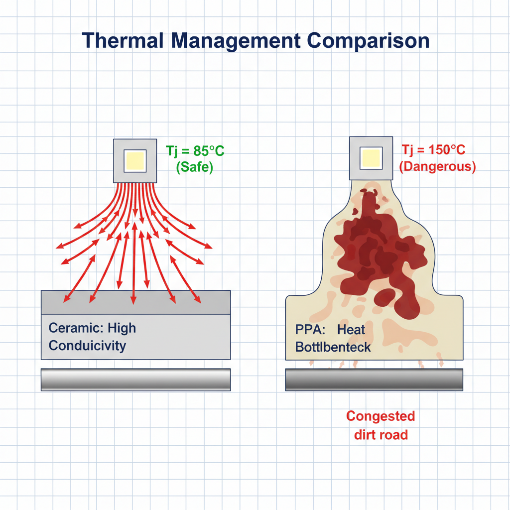 一张3D剖面结构对比图，左侧展示3535陶瓷灯珠内部结构，热量通过高导热陶瓷层迅速散发到金属基板，结温安全；右侧展示普通PPA支架灯珠，热量在塑料层淤积，结温危险，背景为简洁的工程蓝图风格。