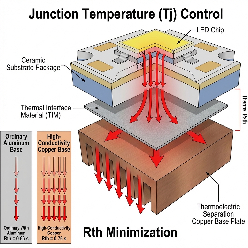 高功率LED散热结构剖面图，展示热量从芯片到基板的传导路径和热电分离技术