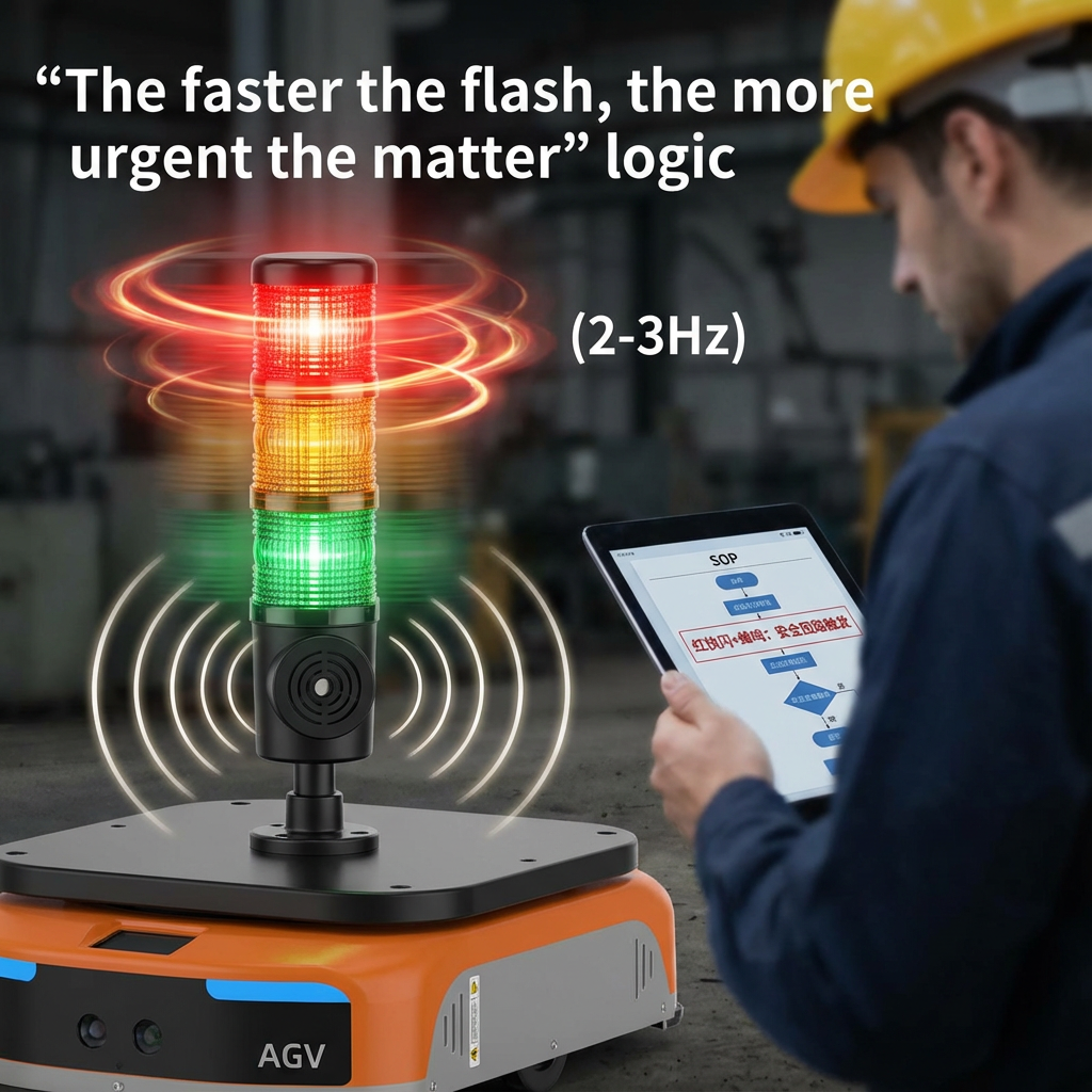 AGV小车顶部红色警示灯快闪并发出蜂鸣声，一名技术员通过平板电脑查看“红快闪+蜂鸣：安全回路触发”的SOP处理流程图，强调紧急情况下的快速响应。
