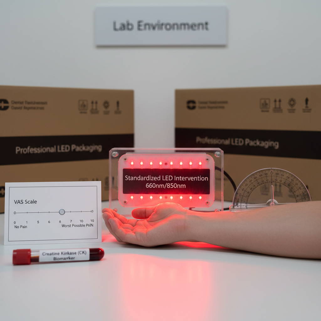 实验室环境中，受试者正在接受标准化LED红光干预，同时展示了VAS疼痛评分尺和CK生物标志物采样，强调实验的精密性和多维度数据采集。