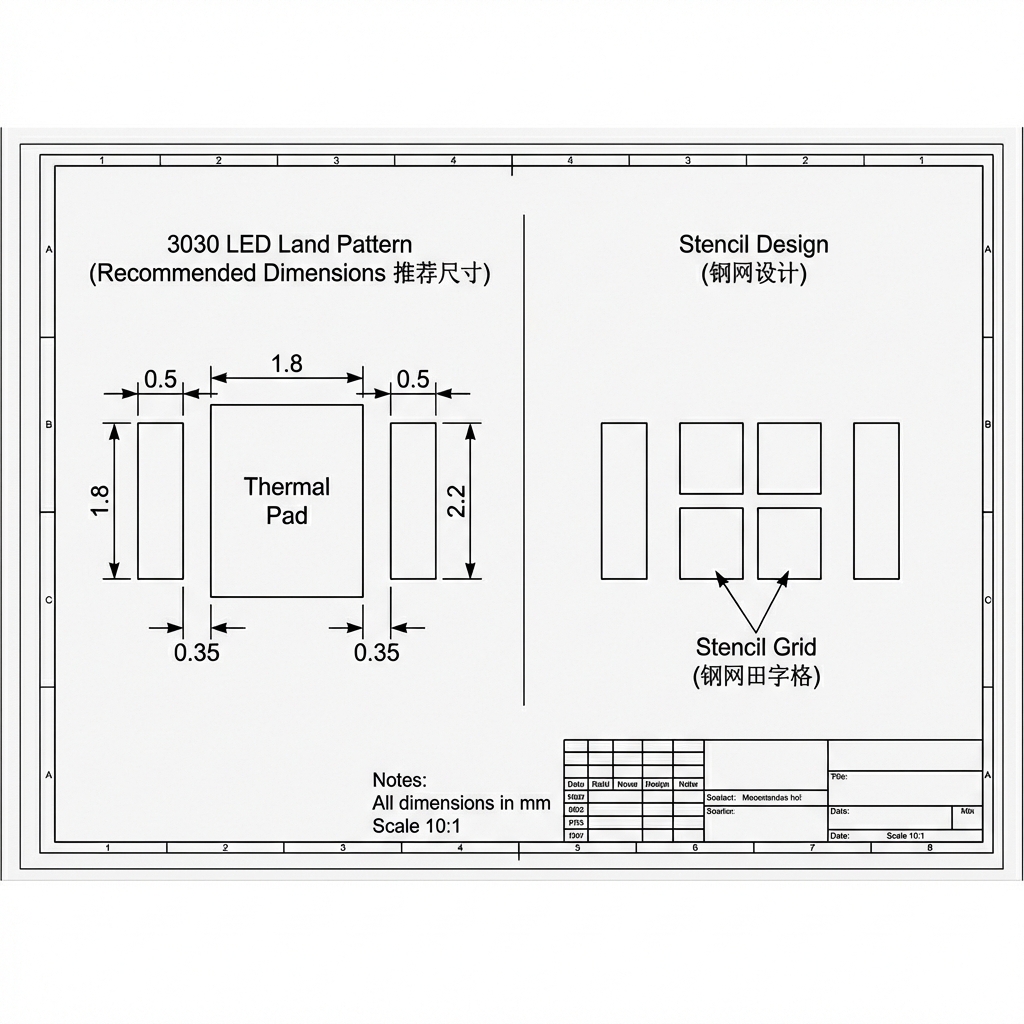 3030灯珠焊盘设计规范图，包含尺寸标注和钢网田字格开口示意