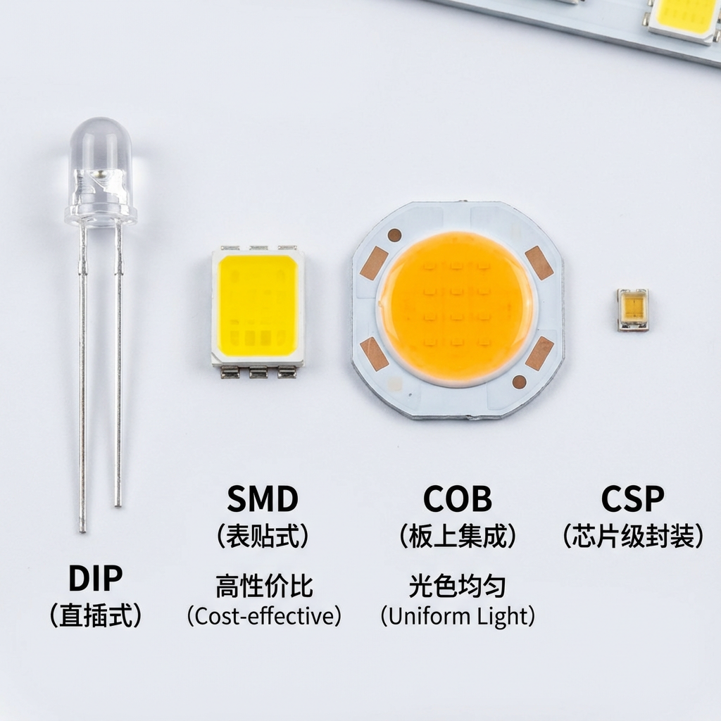 DIP、SMD、COB、CSP四种主流LED封装形式的对比图,清晰展示其外观和主要特点。