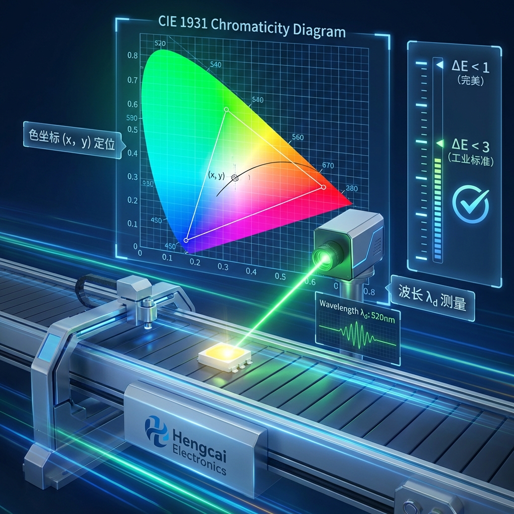 一个充满科技感的工业级色彩管理示意图，专注于LED制造领域的精准度。背景是CIE 1931色度图（马蹄形光谱图），上面标注着精确的(x, y)坐标点。画面前景是一颗高精度的SMD 2835 LED灯珠，放在恒彩电子（Hengcai Electronics）的自动化生产线上。一束激光扫描仪正在测量灯珠的波长。画面侧边展示Delta E值的量化标准：ΔE < 1 (完美), ΔE < 3 (工业标准)。文字标注：‘色坐标 (x, y) 定位’，‘波长 λd 测量’。体现文章中提到的工业级精准匹配。