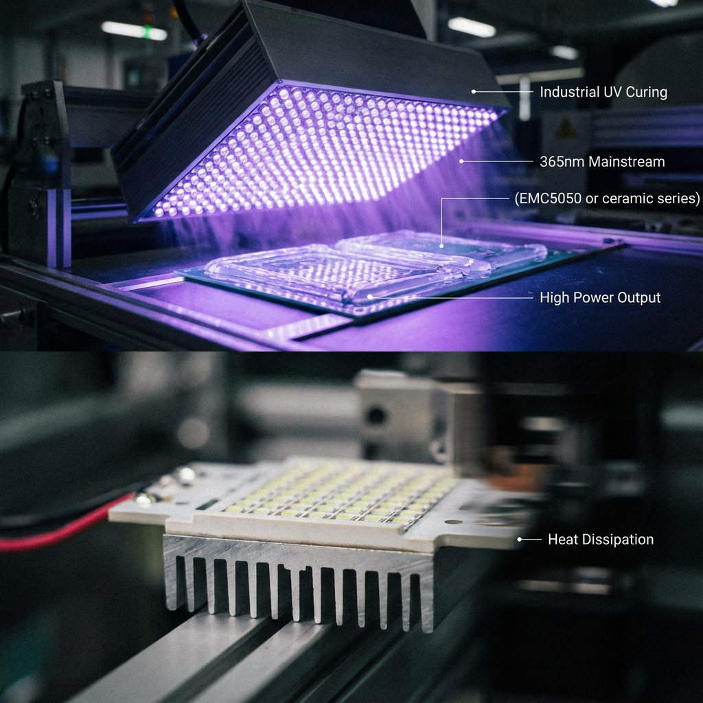 一张展示365nm LED在工业紫外固化（UV Curing）场景中的实拍风格图。图中，一个高功率的365nm LED固化光源模组正对着电路板上的透明UV胶水进行照射，产生强烈的淡紫色光芒，胶水瞬间固化。画面特写恒彩电子的高导热陶瓷基板，强调高效散热确保稳定工作。