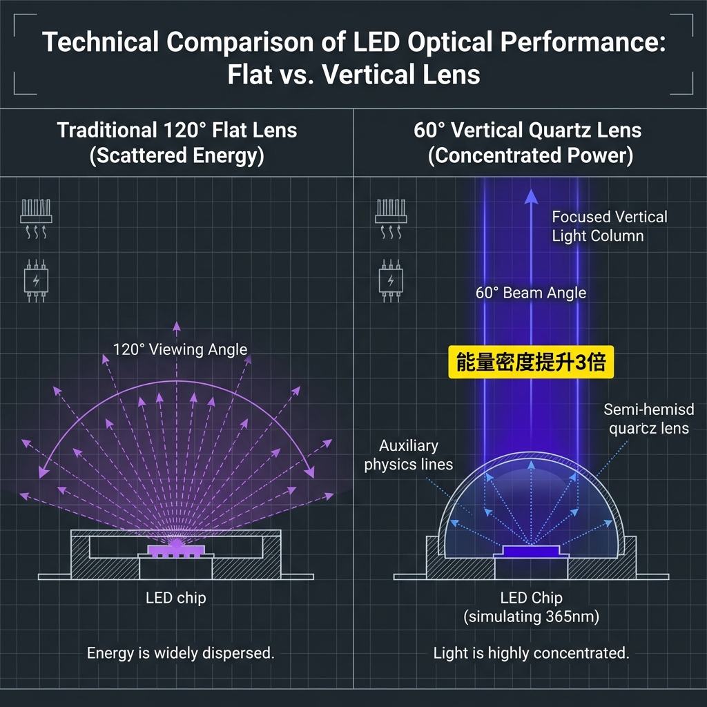 垂直发光60°石英透镜与传统120°平面透镜的光学性能对比图，展示垂直发光如何将紫外光能量高度集中，提升3倍以上能量密度。