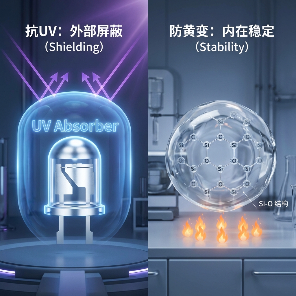 抗UV与防黄变概念示意图，左侧为抗UV能量护盾，右侧为防黄变稳定分子结构，体现防御机制与自身体质的区别。