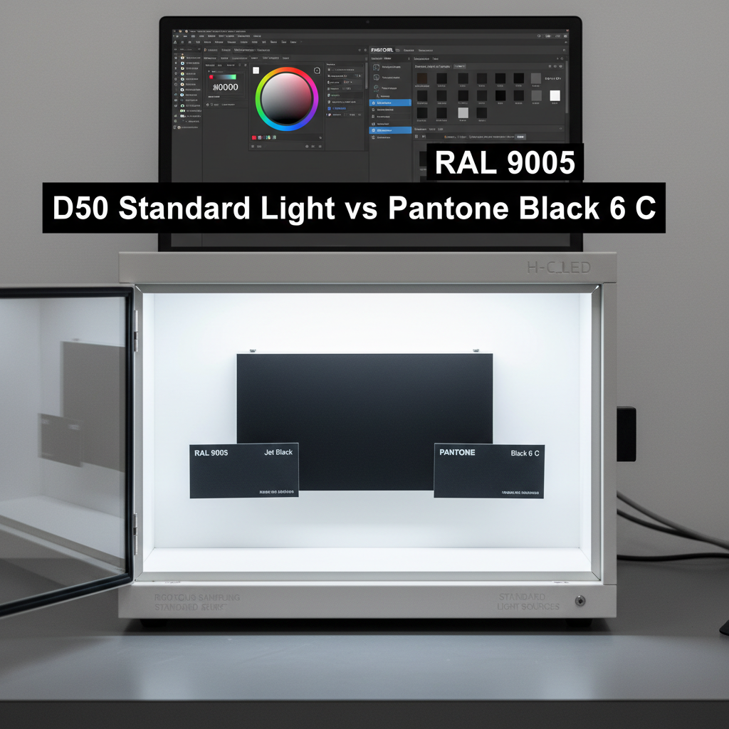 在D50标准光源对色灯箱中，恒彩电子LED显示屏模组与RAL 9005、Pantone Black 6 C色卡进行对比，电脑屏幕显示Adobe Illustrator和Pantone Connect插件，强调严谨打样和标准光源的重要性
