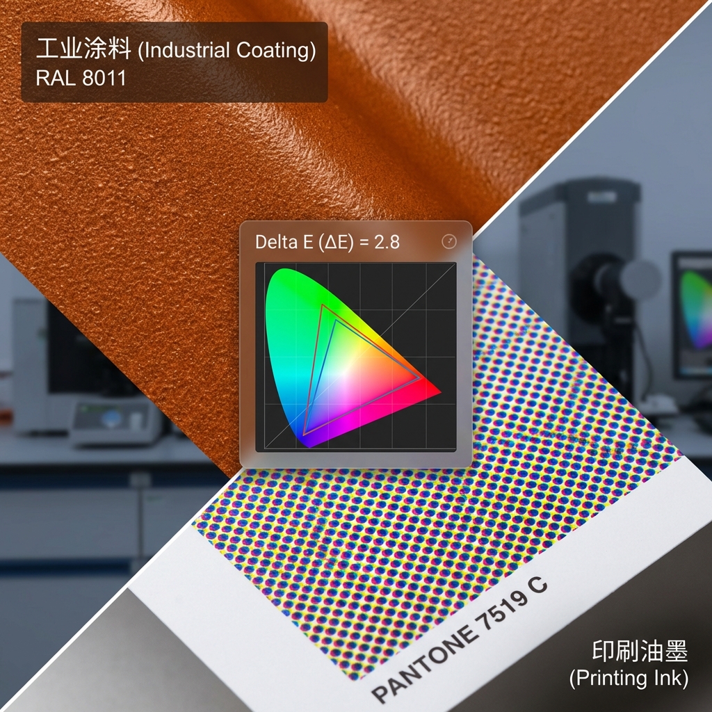 RAL 8011 工业涂料的微观橘皮纹理与 Pantone 7519 C 印刷油墨的平滑网点对比，强调材质对色彩呈现的影响及 Delta E 色差分析。