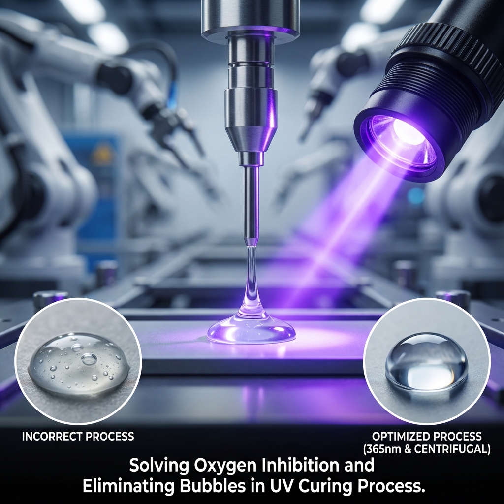 UV固化过程中解决氧阻聚和消除气泡的工程实战细节。一张展现工程实战细节的宏观摄影图，聚焦于解决‘氧阻聚’和‘气泡’两大工艺痛点。画面中心是一个自动点胶针头正在进行‘湿接触’点胶，胶水清澈无气泡。紧随其后的是一个高功率UV LED点光源，发出强烈的紫光瞬间覆盖胶水表面。画面以画中画（Inset）的形式展示两个对比细节：一个是‘错误工艺’下表面发黏、充满气泡的胶点；另一个是‘优化工艺’下（365nm强攻+离心脱泡）如同晶莹剔透宝石般的完美固化胶点。背景是模糊的工业机械臂，强调2026年全自动化环境。