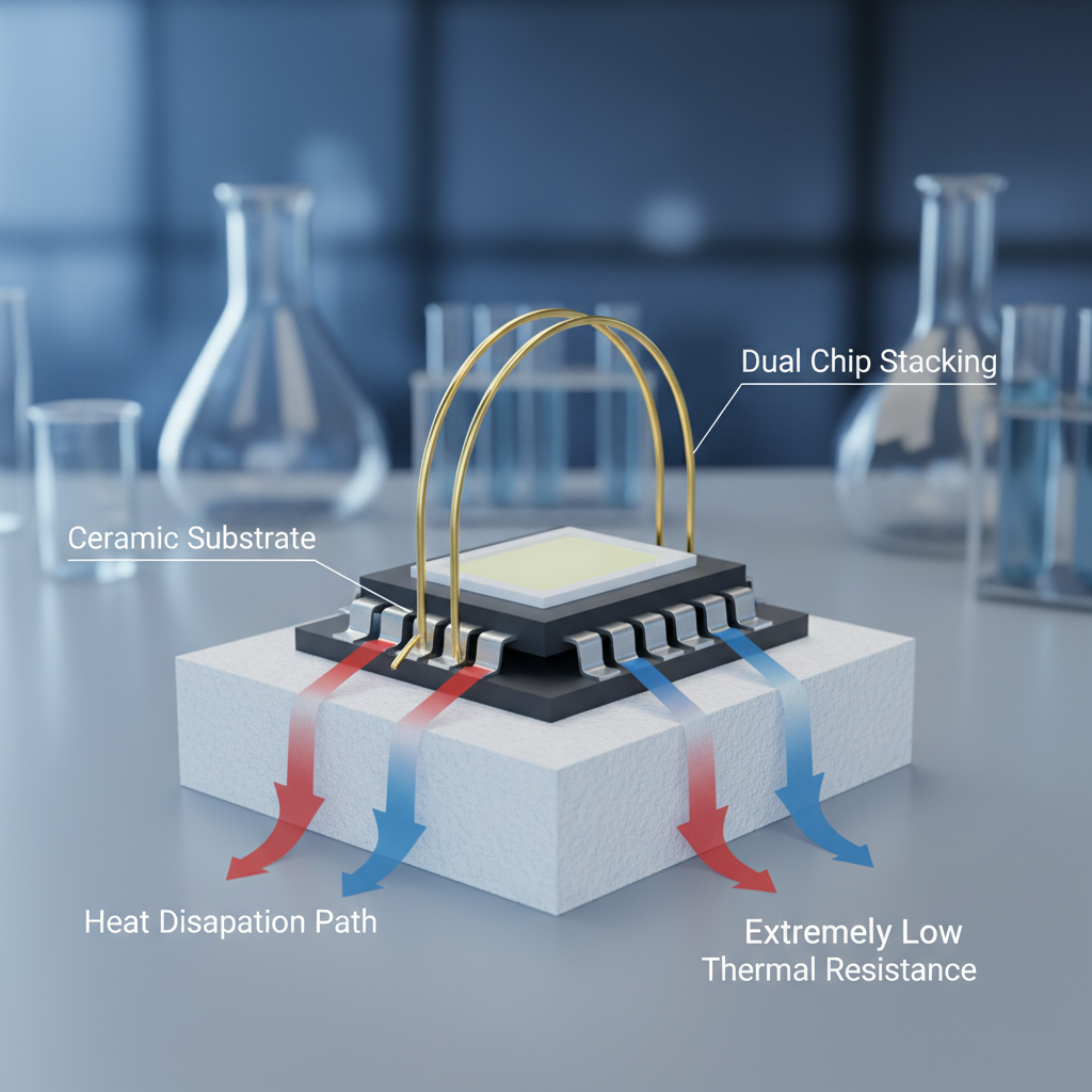 3D剖析示意图展示3535陶瓷封装灯珠的内部构造，包括双芯片叠晶、双金线和陶瓷基板的散热路径。