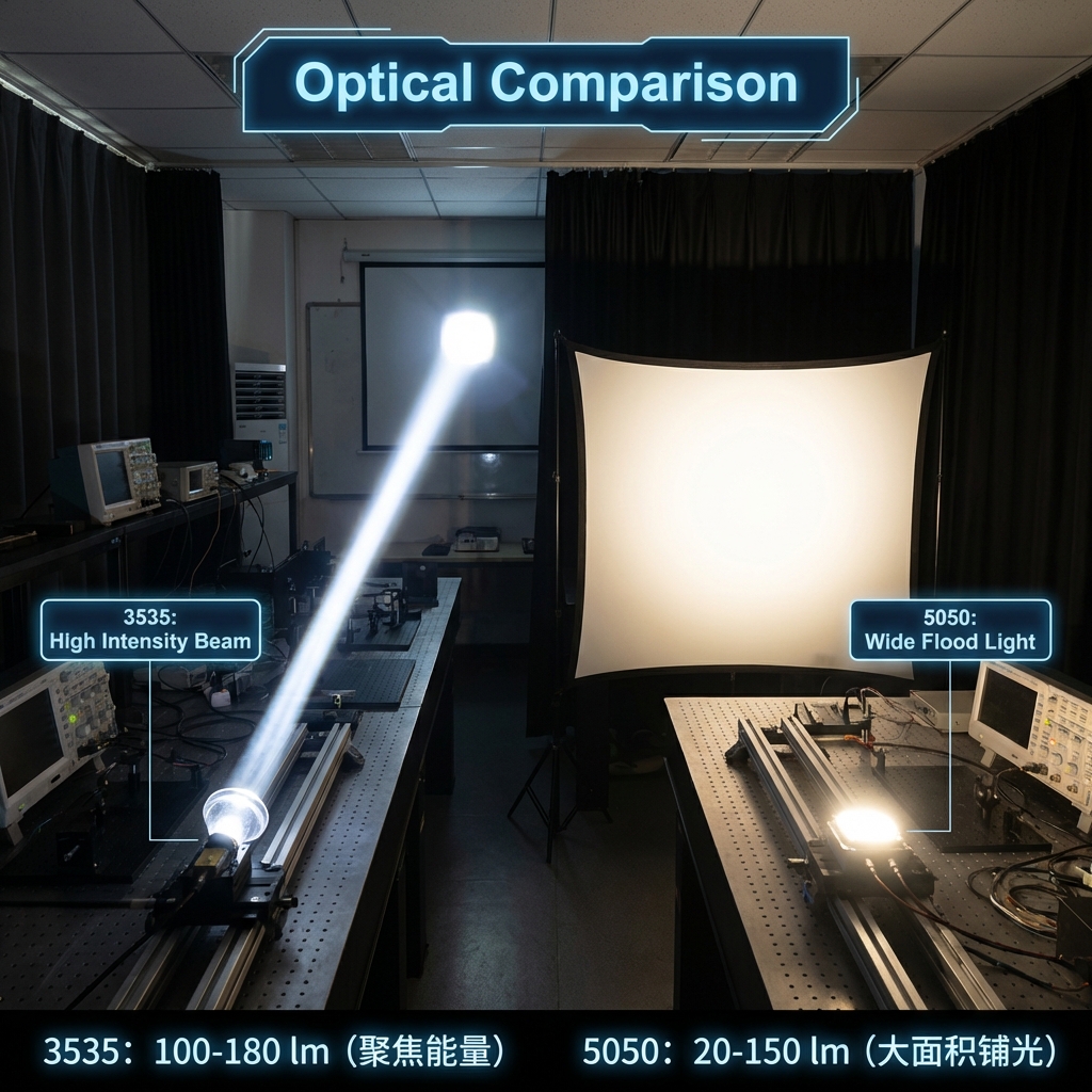 实验室模拟对比图，展示3535 LED（左）配合窄角透镜射出的高强度聚光光束，与5050 LED（右）未加透镜时发出的柔和散射光，量化视觉亮度与光强密度的差异。