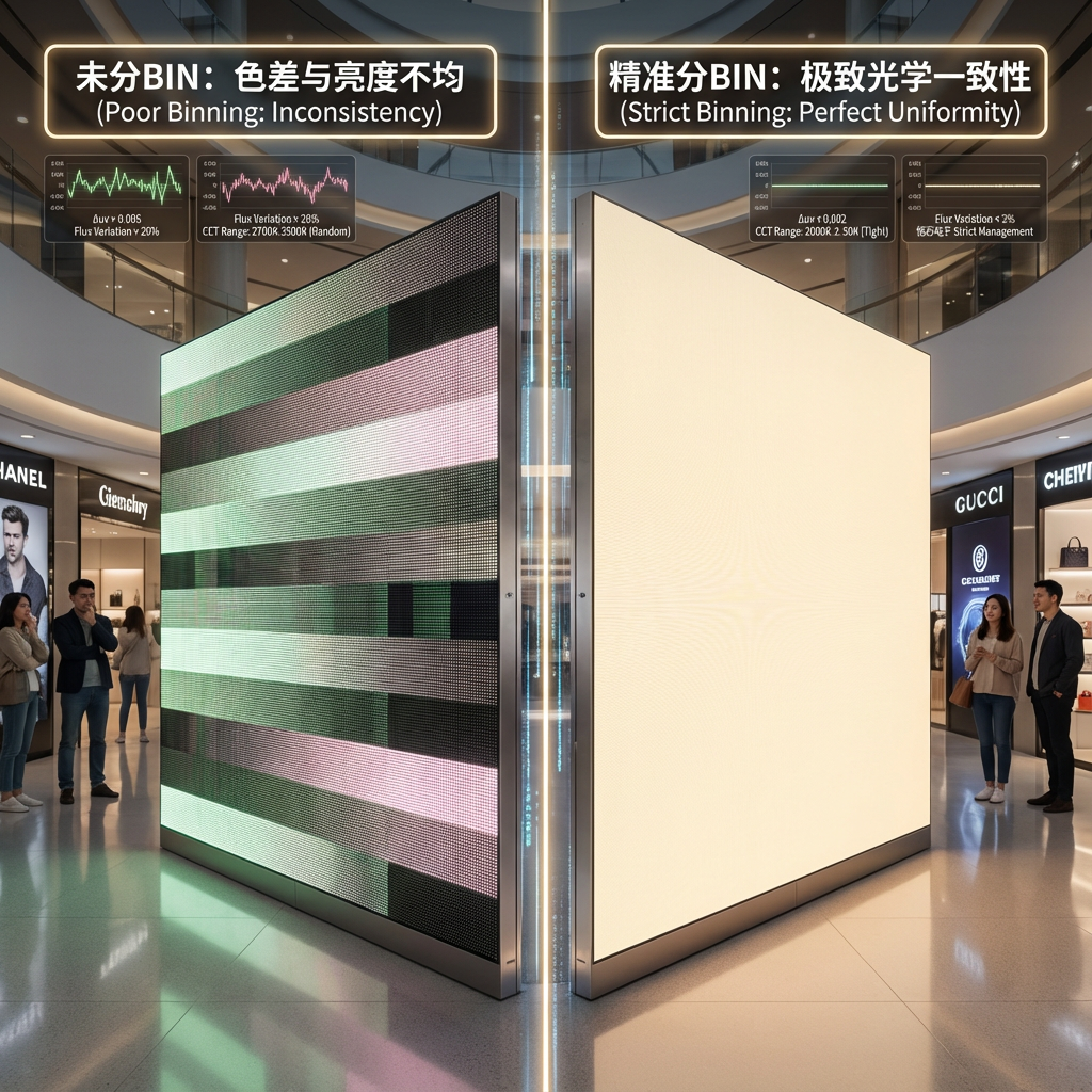 LED分BIN管理对比图：左侧为未分BIN导致色差与亮度不均的灯墙，右侧为精准分BIN后实现极致光学一致性的灯墙。