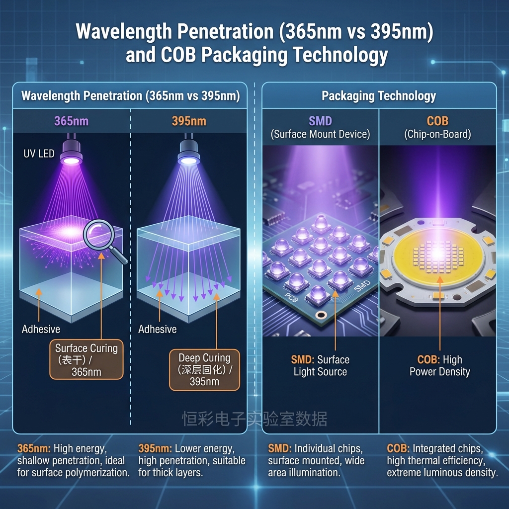 UV LED 波长穿透力（365nm vs 395nm）与COB封装技术。一个详细的技术解析横向图表，直观展示UV LED的波长选择与封装工艺。图表左半部分展示‘365nm vs 395nm’的穿透力对比：365nm的光线密集分布在胶水表层，标注‘Surface Curing (表干) / 365nm’；395nm的光线则深层穿透厚胶层，标注‘Deep Curing (深层固化) / 395nm’。图表右半部分展示封装技术对比：左边是SMD贴片式灯珠，排列整齐，适合面光源；右边是高密度的COB（板上芯片）封装，发出极强的点光源，标注‘COB: High Power Density’。图中嵌入‘恒彩电子实验室数据’的水印感，背景为半透明的科技网格。