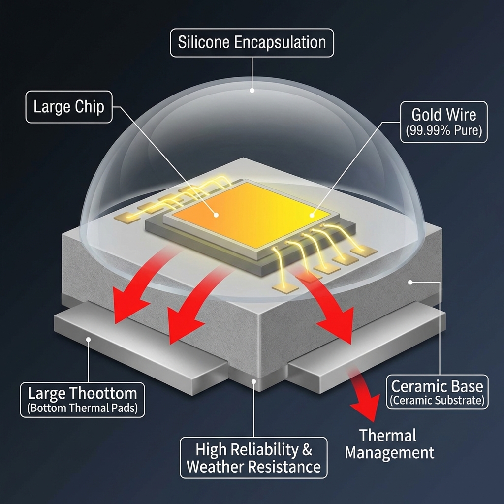 3535球头灯珠核心组件与散热结构剖视图，展示陶瓷基板、大尺寸芯片、纯金线连接及热量传导路径，强调高可靠性与热管理。