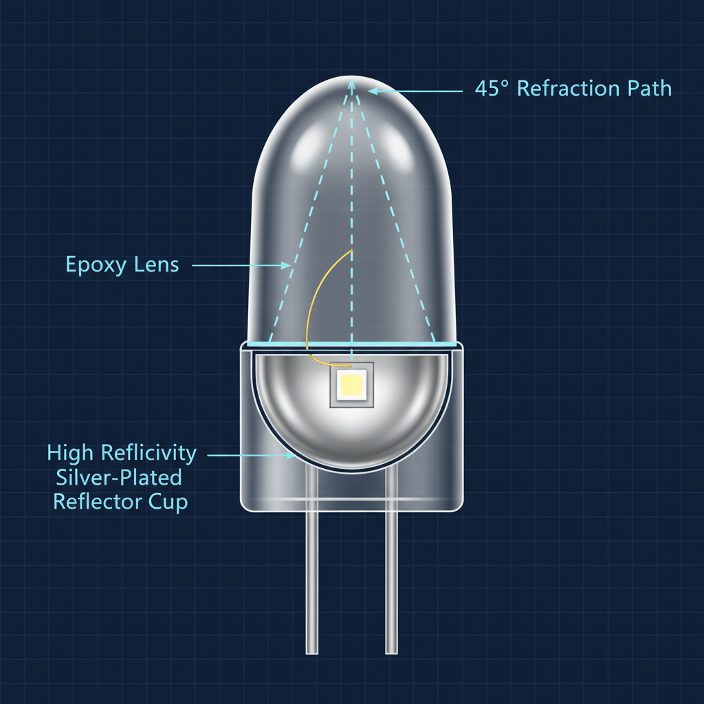 直插LED内部结构剖面图，展示环氧树脂透镜的特定曲率、中等深度的镀银反射杯和芯片位置，共同决定了光线如何折射并形成45°光束。