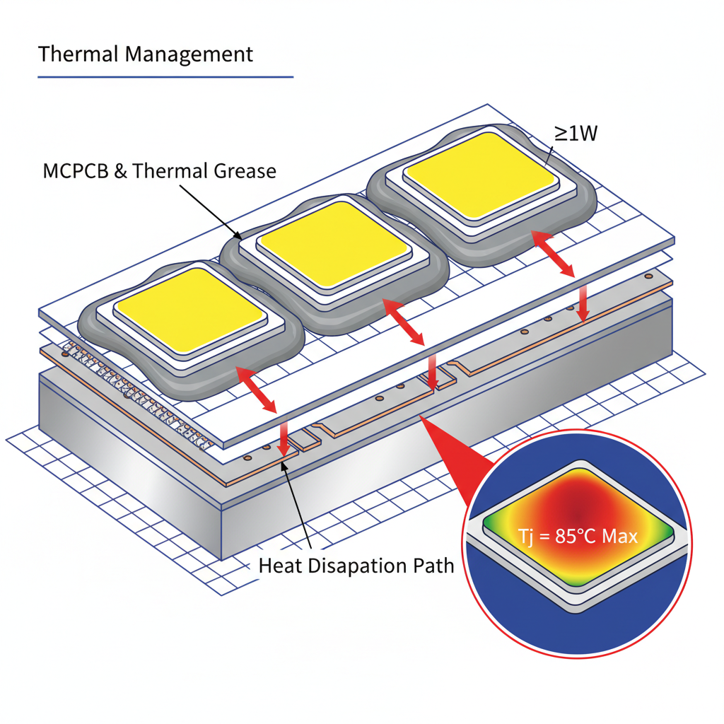 高功率LED灯珠安装在铝基板上的工程透视图，展示导热硅脂和热量传导路径，强调大功率LED的散热设计。