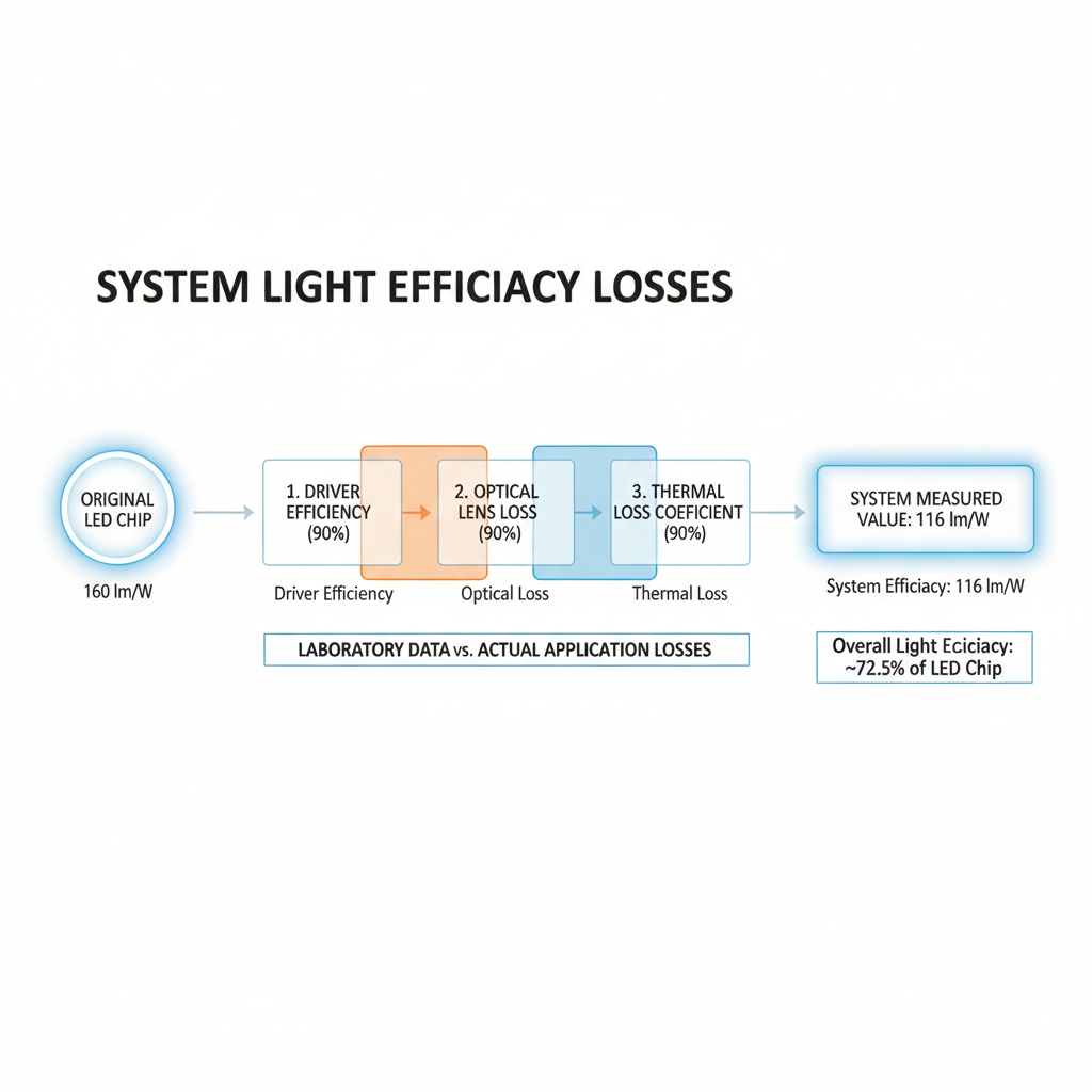 系统光效损耗流程图，展示电源、光学和热损耗如何影响LED灯具的实际光效。