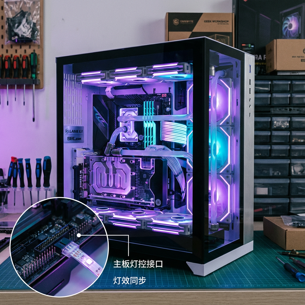 一张充满科技感的DIY电脑组装场景大图，作为文章的开篇视觉引导。画面中心是一台侧透的现代化电竞主机，内部的散热风扇、水冷头、内存条和显卡正散发出同步的、如梦似幻的紫色与青色流光。视角微微俯拍，聚焦在主板边缘那些密密麻麻的针脚上，其中一个灯控接口正连接着一条半透明的LED灯带。光线柔和而富有质感，体现出文章提到的“光之交响乐”和“灯效同步”的核心概念。背景是整洁的极客工作室，散落着螺丝刀和主板包装盒，营造出一种专业DIY玩家正在打造性能怪兽的氛围。文字标注：主板灯控接口 (Motherboard Light Control Interface), 灯效同步 (Lighting Synchronization)。