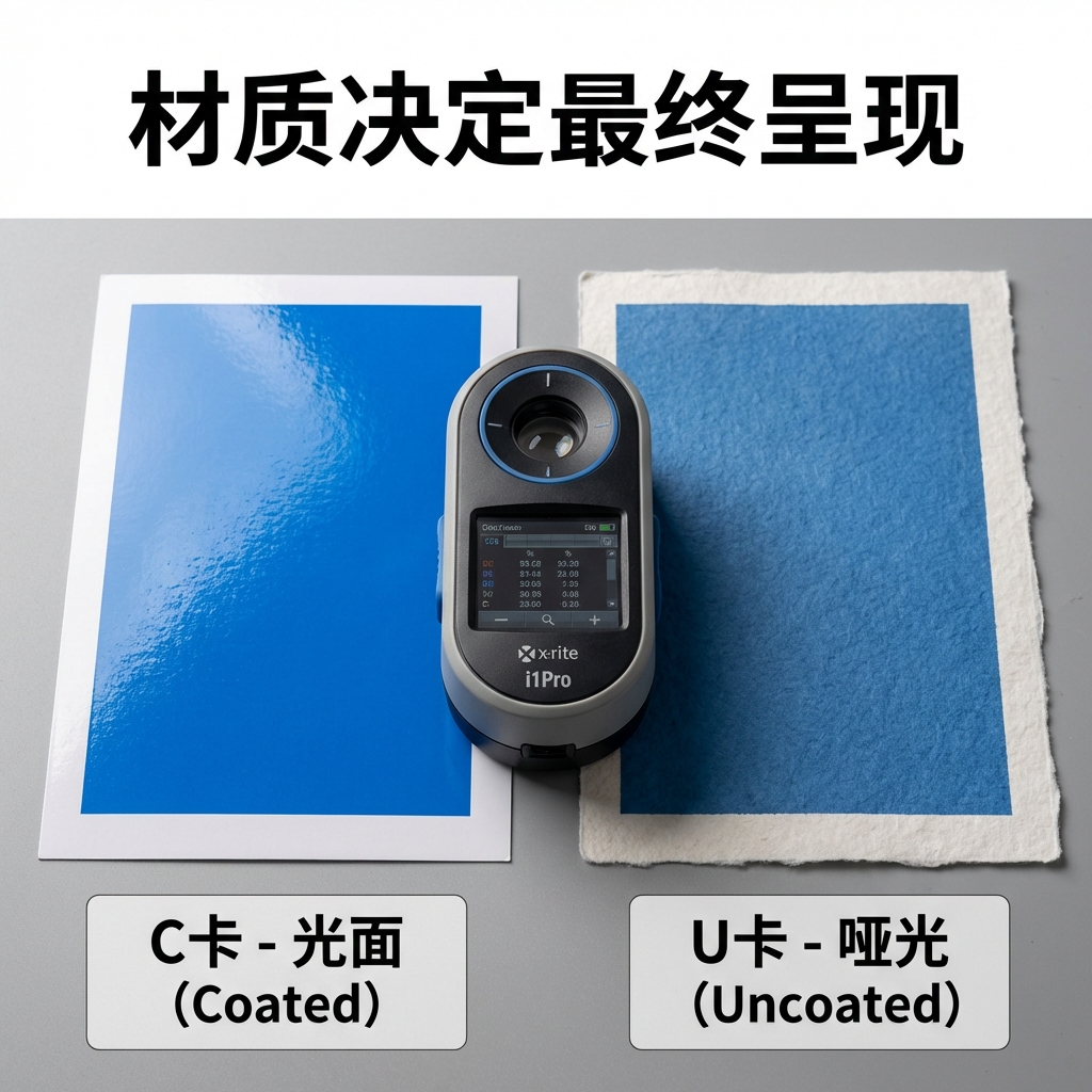 一张展示材质对色彩影响的特写对比图，用于总结风险规避。画面中并排展示两种材质：左侧是光面铜版纸（代表C卡），右侧是粗糙的胶版纸或棉布（代表U卡）。同一种蓝色油墨印在上面，左侧显得鲜艳有光泽，右侧显得沉闷且有吸收感。一个专业的校色仪（如爱色丽）正放在两者中间进行检测。画面上方有醒目的标题：‘材质决定最终呈现’。标注文字：‘C卡 - 光面 (Coated)’，‘U卡 - 哑光 (Uncoated)’。这对应了文章末尾关于物理校对和材质选择的核心建议。