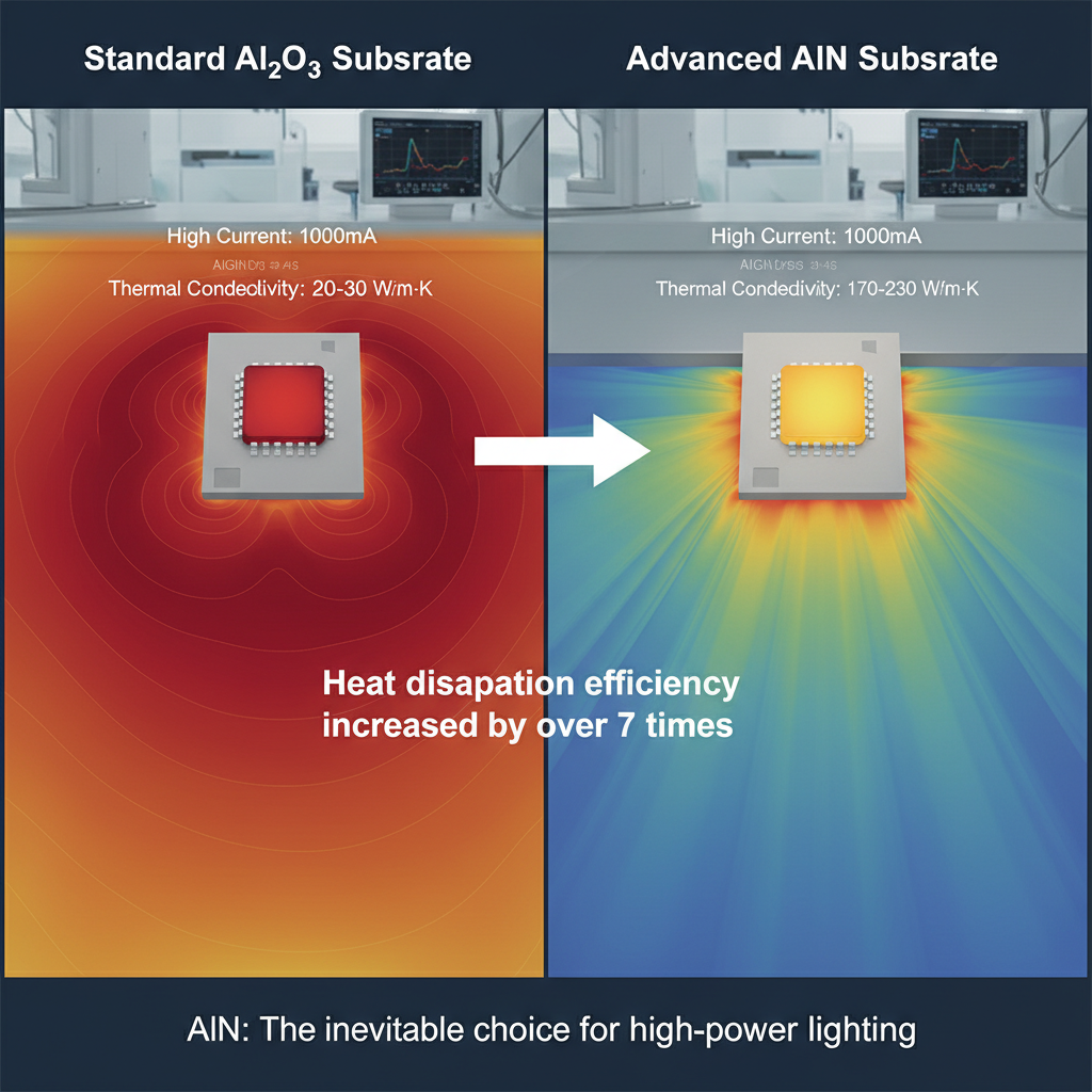 对比图:左侧普通氧化铝基板在1000mA下芯片呈深红色(热量淤积,热导率20-30W/m·K),右侧氮化铝基板热量迅速导出呈橙黄色(散热高效,热导率170-230W/m·K),中间箭头标注‘散热效率提升7倍以上’