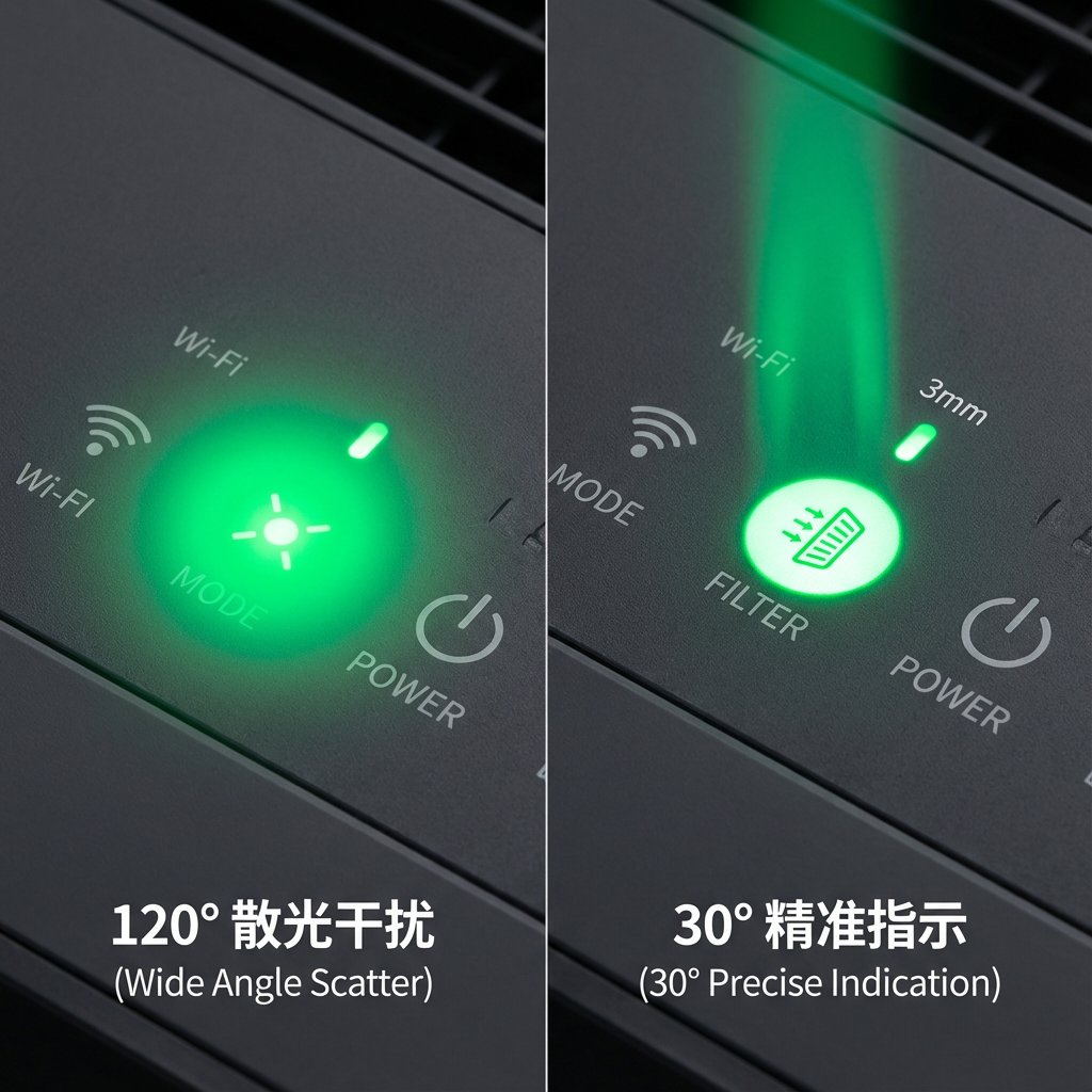 30°发光角LED与广角LED在面板指示效果的对比，突出30°角精准聚焦，避免光线干扰的优势。