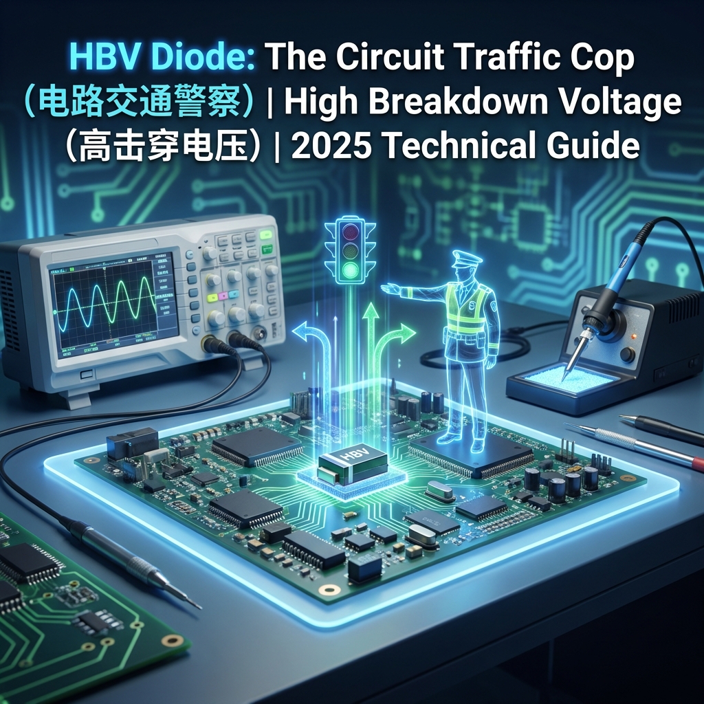 一张具有科技感的高清横幅图片，作为文章的开篇视觉引导。画面中心是一个充满现代感的电子工程师办公桌面，桌面上摆放着精密示波器、焊台和一块布满微型元件的PCB电路板。画面中央聚焦于一颗微小的HBV二极管（贴片封装），并伴随透明的数字全息投影效果，展示出“交通警察”的创意隐喻——红绿色的流光模拟电流在二极管中单向流动的路径。背景是淡淡的电路原理图底纹。图片上方有清晰的文字标注。Text Annotations: 'HBV Diode: The Circuit Traffic Cop (电路交通警察)', 'High Breakdown Voltage (高击穿电压)', '2025 Technical Guide'. 整体色调为科技蓝与电子绿，体现专业感与前瞻性。