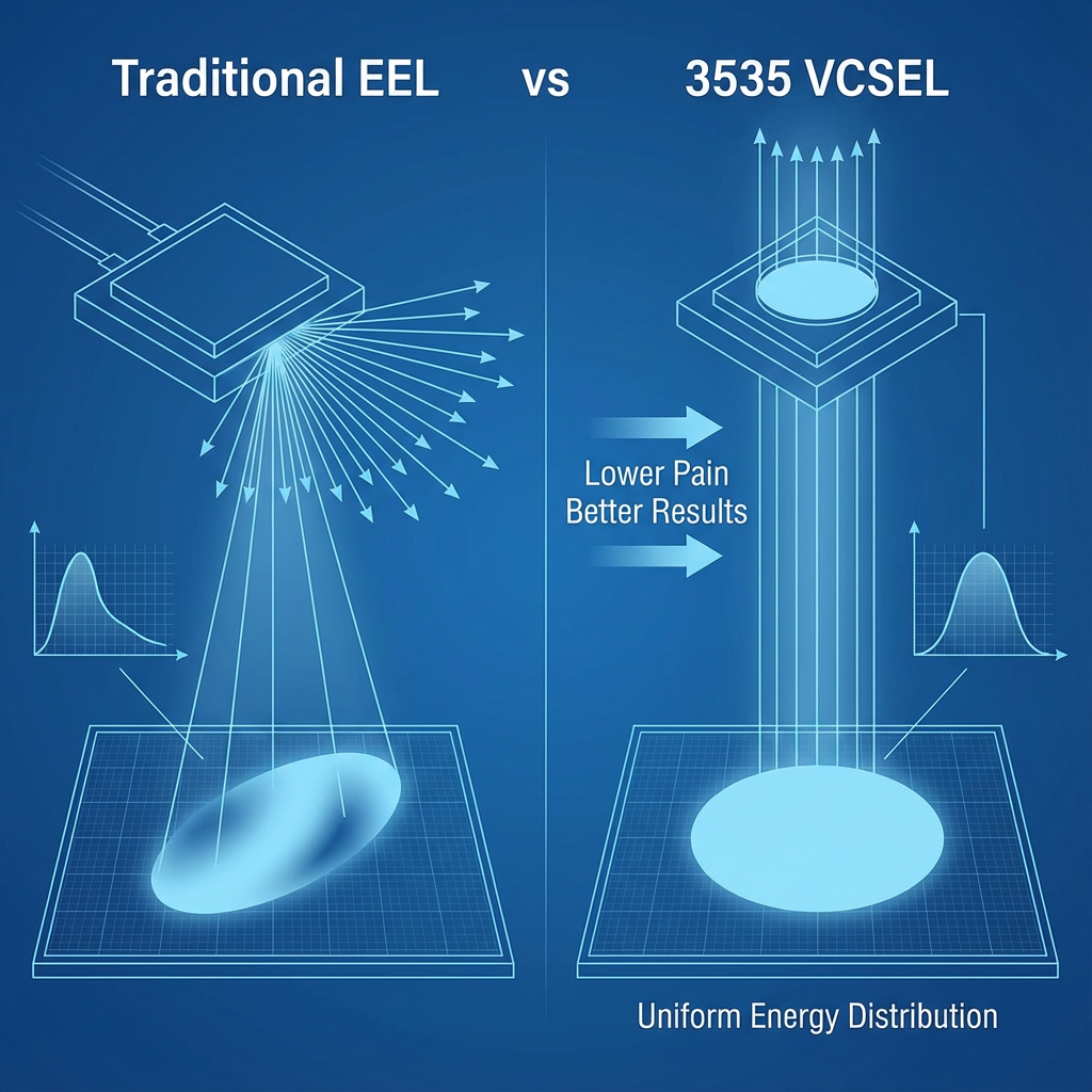 VCSEL与传统边发射激光器(EEL)的光束质量对比示意图:VCSEL产生均匀圆形光斑,而EEL产生发散的椭圆形不均匀光斑。