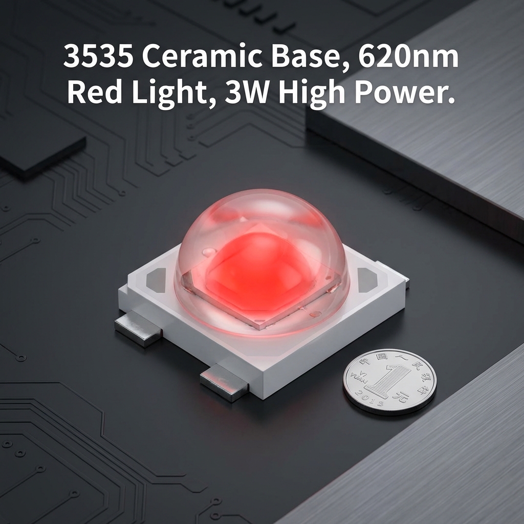 3W大功率3535陶瓷红光LED灯珠特写，洁白陶瓷基板，微亮红色光芒，旁边有硬币作尺寸参考，强调小巧高能。