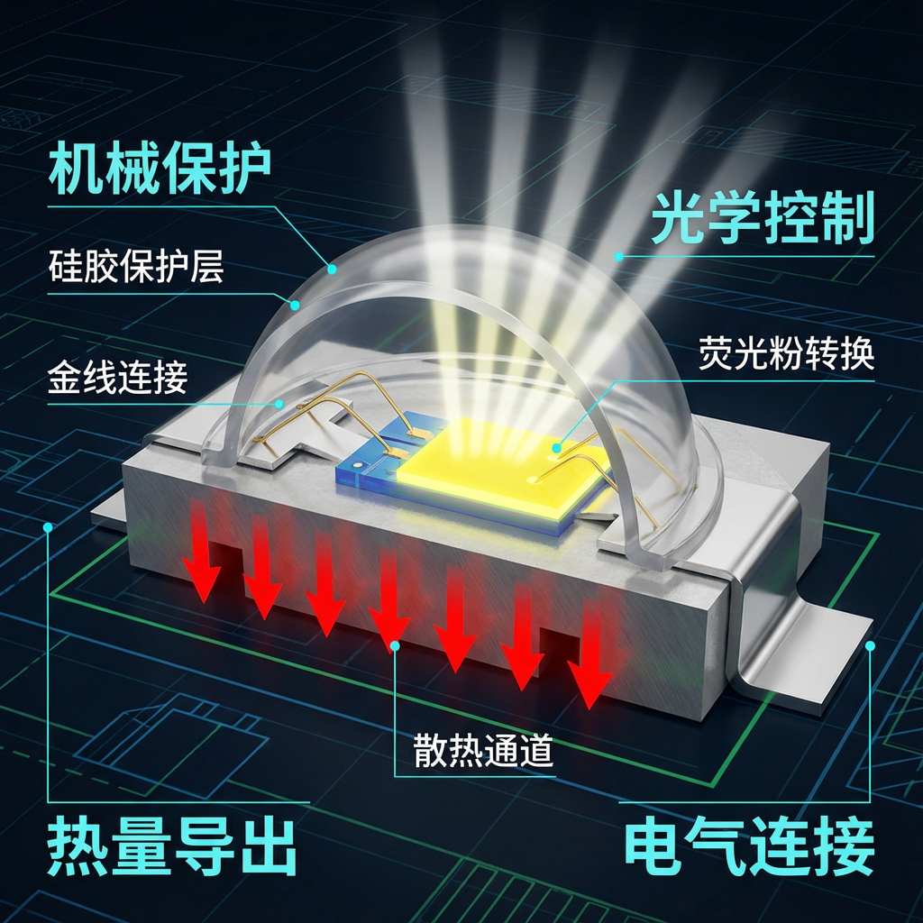 LED封装内部结构剖视图,清晰展示硅胶保护层、散热通道、金线连接和荧光粉转换四大核心功能。