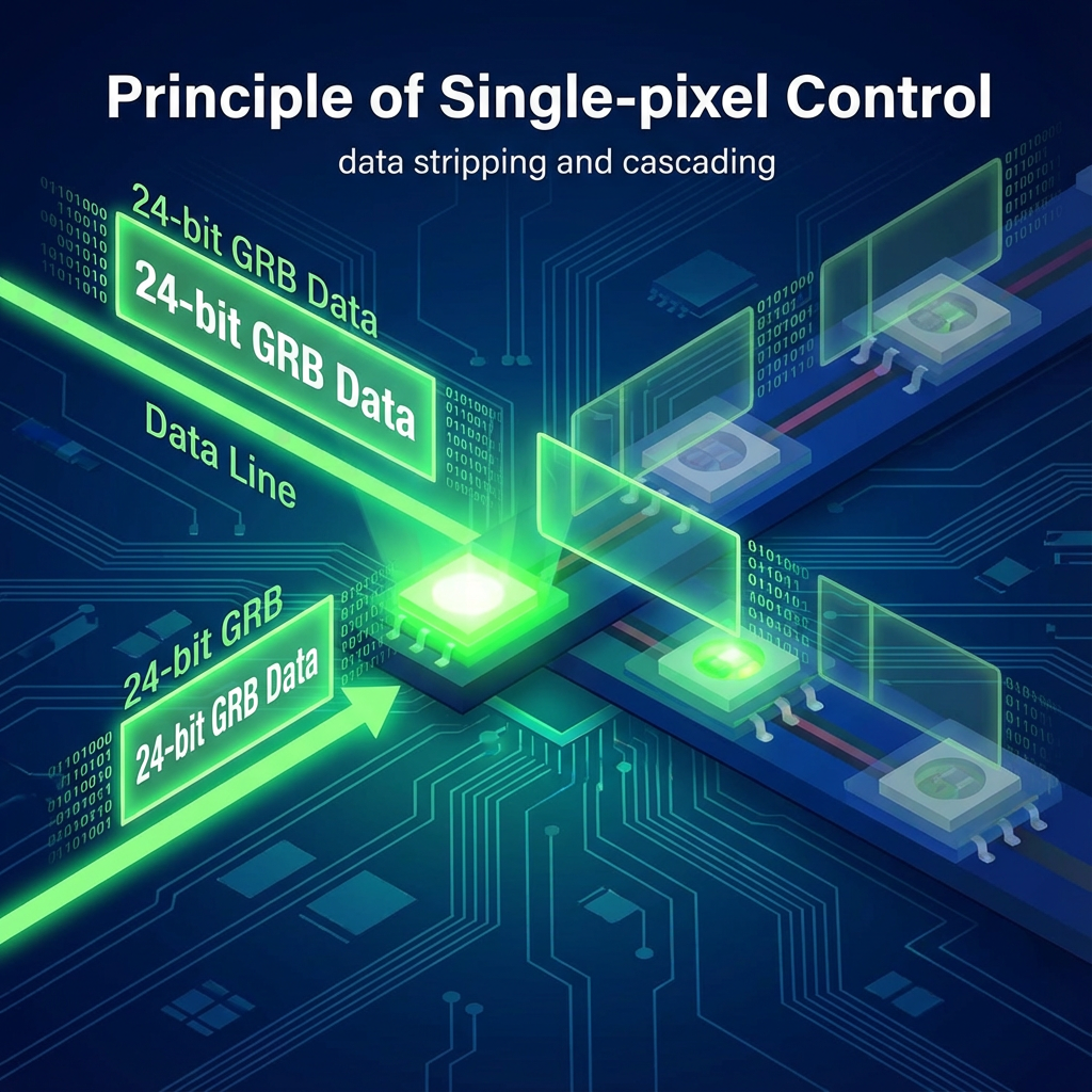 可编程LED灯带数据传输原理图，展示数据包沿信号线流动，每颗灯珠的IC“截获”并处理自己的数据，然后将剩余数据传递给下一颗灯珠的串行过程。