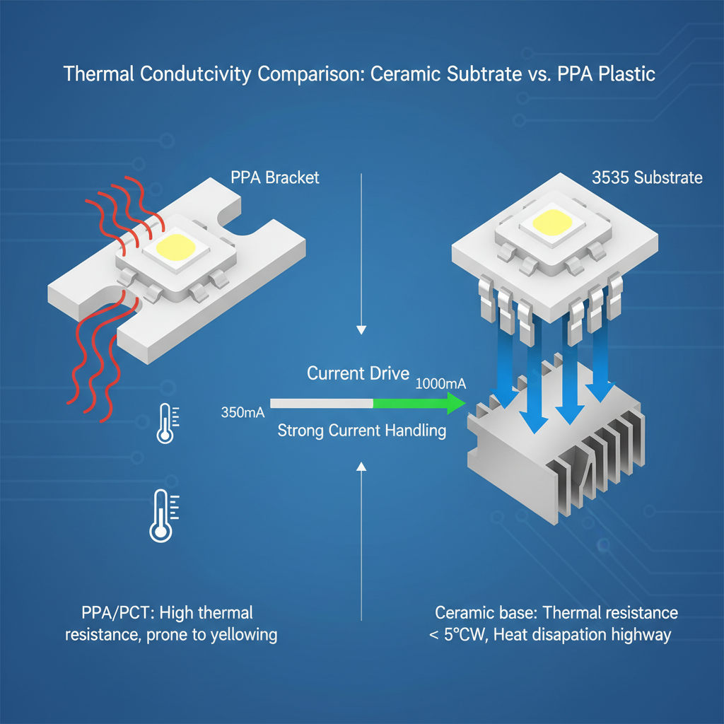 PPA塑料支架与3535陶瓷基板热传导性能对比图，突出陶瓷基板的低热阻和高效散热能力