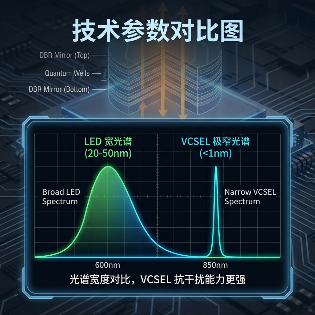 光谱分析仪屏幕显示LED宽光谱与VCSEL窄光谱的对比，突出VCSEL光谱纯度高、抗干扰能力强的优势