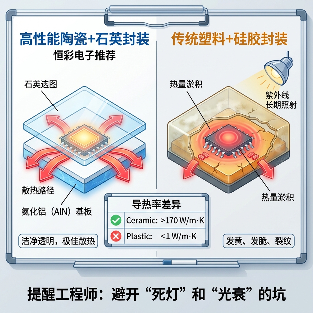 封装材料优劣对比信息图：左侧高性能陶瓷+石英封装导热性极佳，抗UV老化；右侧传统塑料+硅胶封装发黄开裂，导热性差，旨在提醒工程师避坑。