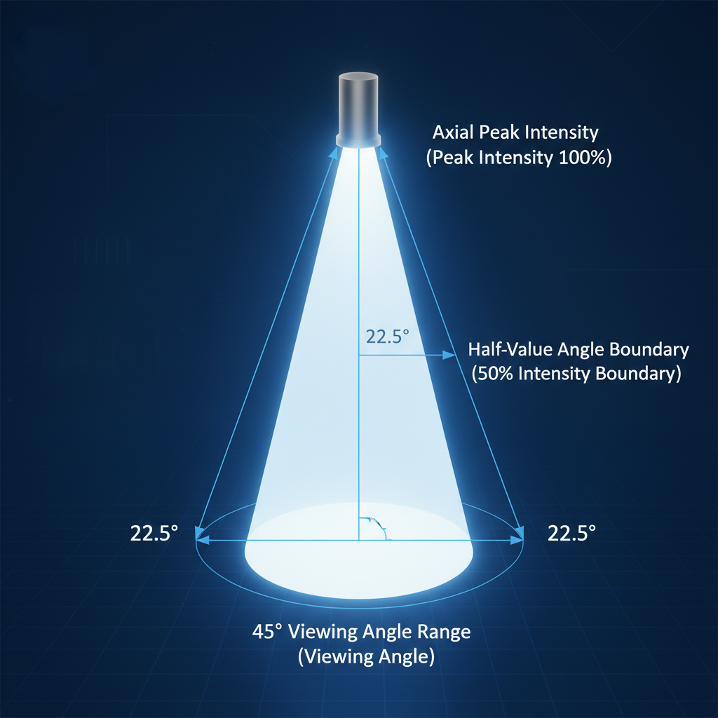 直插LED的45°半值角定义示意图，显示轴向中心光强100%，两侧光强衰减至50%时形成的45°（2θ1/2）视角范围。