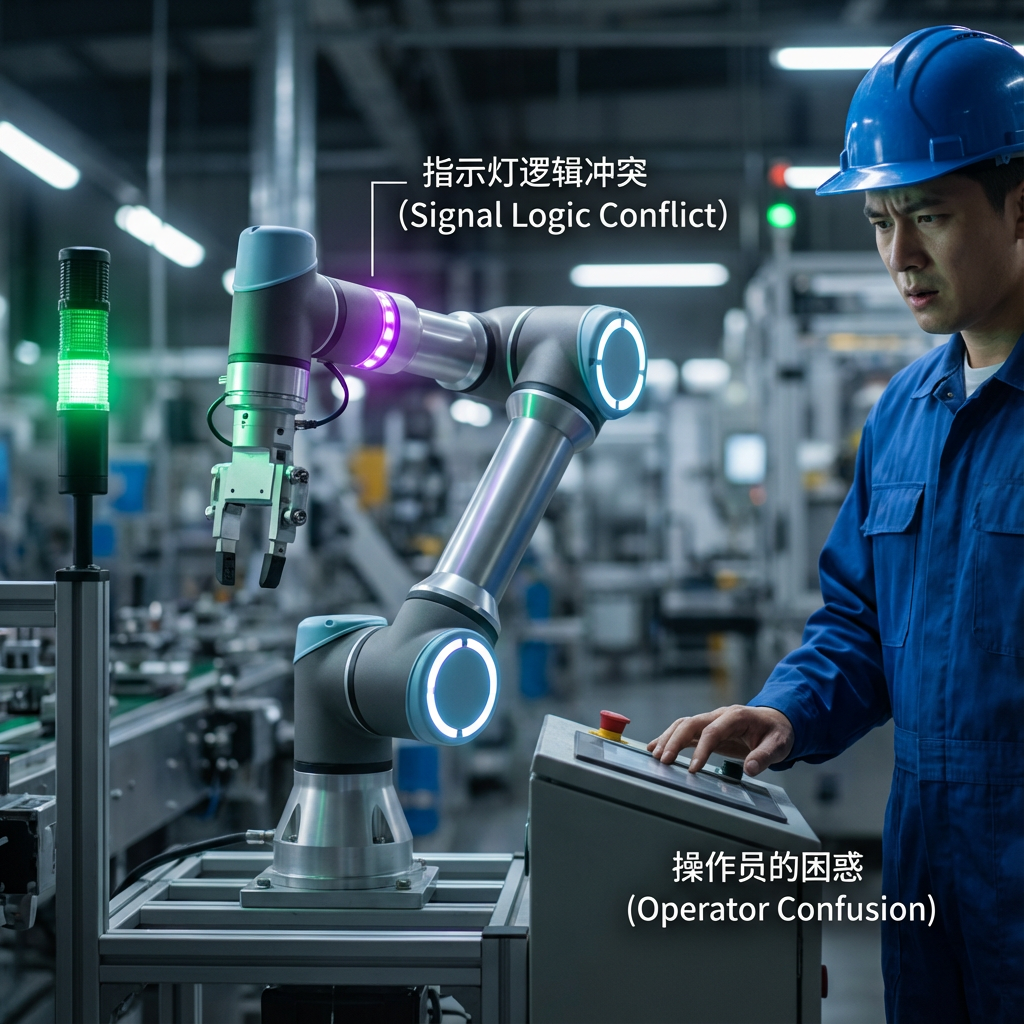 2025年智能工厂场景，一台协作机器人发出非标准紫色光，而旁边的塔灯却是绿色，导致操作员困惑。