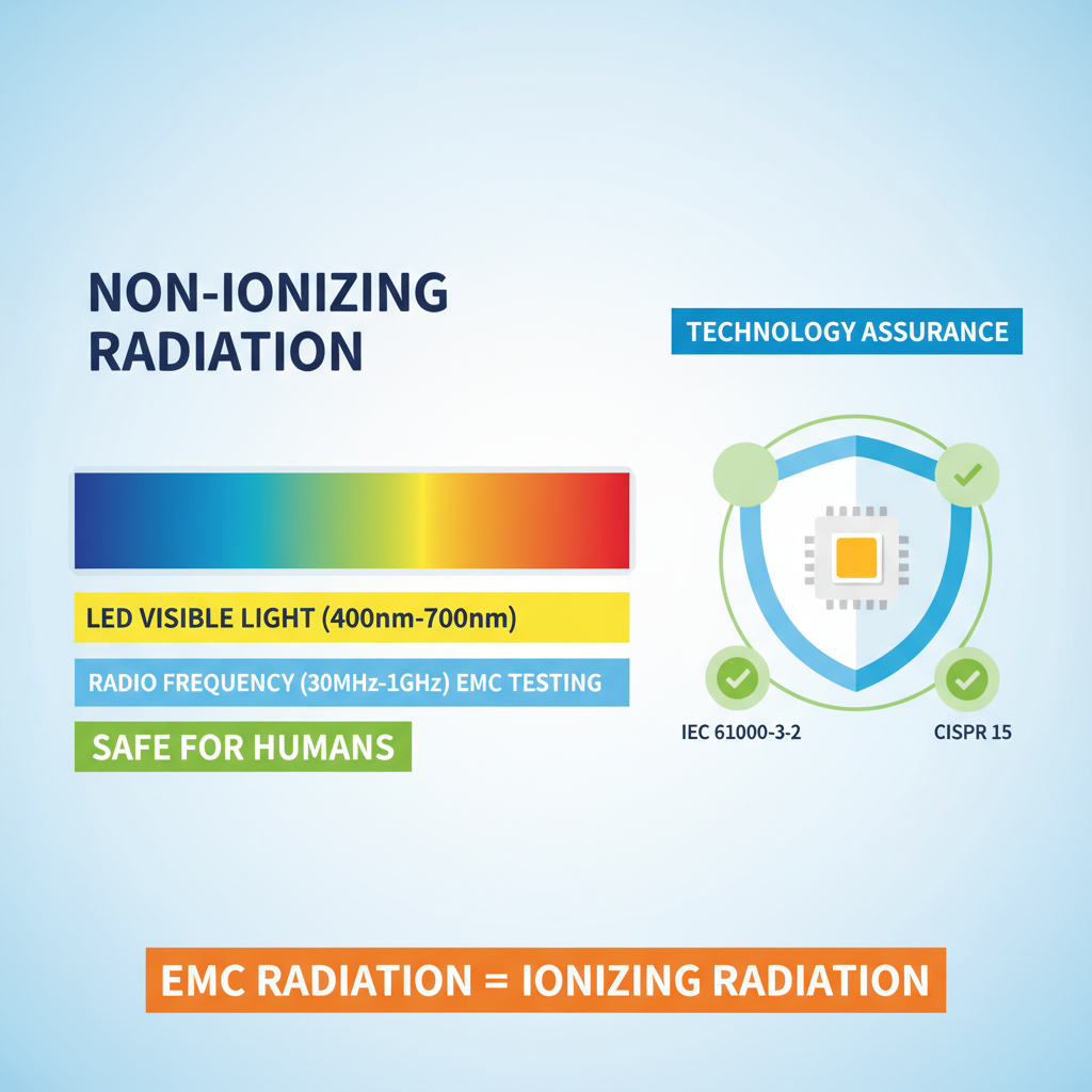 科普图：左侧频谱显示LED发光和EMC射频为非电离辐射，对人体安全；右侧盾牌图标象征3535 LED产品符合IEC和CISPR标准，强调双重安全
