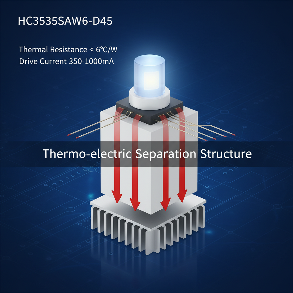 HC3535SAW6-D45内部结构3D剖面示意图，展示热电分离结构、热量流向及电极导线，标注关键技术参数。