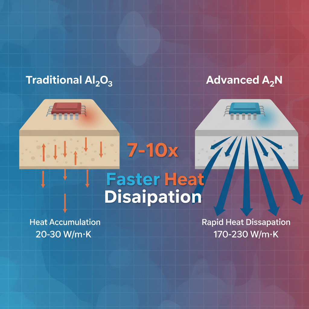 氮化铝与氧化铝热导率对比图，展示氮化铝（AlN）拥有170-230 W/m·K的极高热导率，是传统氧化铝（20-30 W/m·K）的7-10倍，形象地比喻为散热的“超级跑车”。
