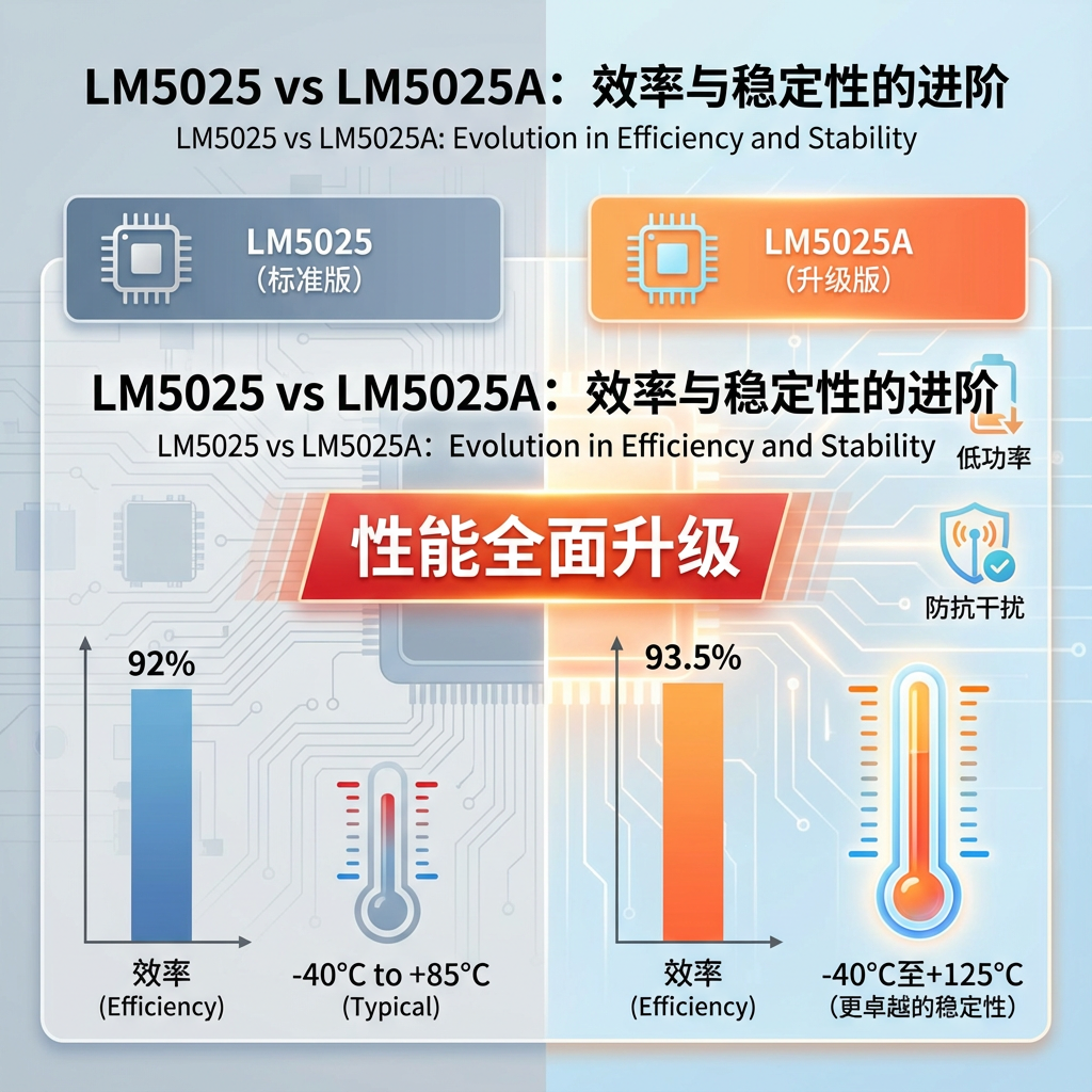 LM5025与LM5025A性能对比图，左右分割布局。左侧LM5025区域，效率92%。右侧LM5025A区域，效率93.5%，并有温度计图标显示-40°C至+125°C的稳定性优势。中间文字标注‘性能全面升级’。图注：‘LM5025 vs LM5025A：效率与稳定性的进阶’。