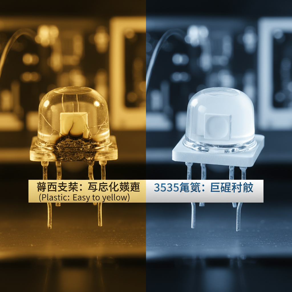 普通支架LED老化黄变与3535陶瓷白光LED的对比图，突出陶瓷材质的极端耐候性。
